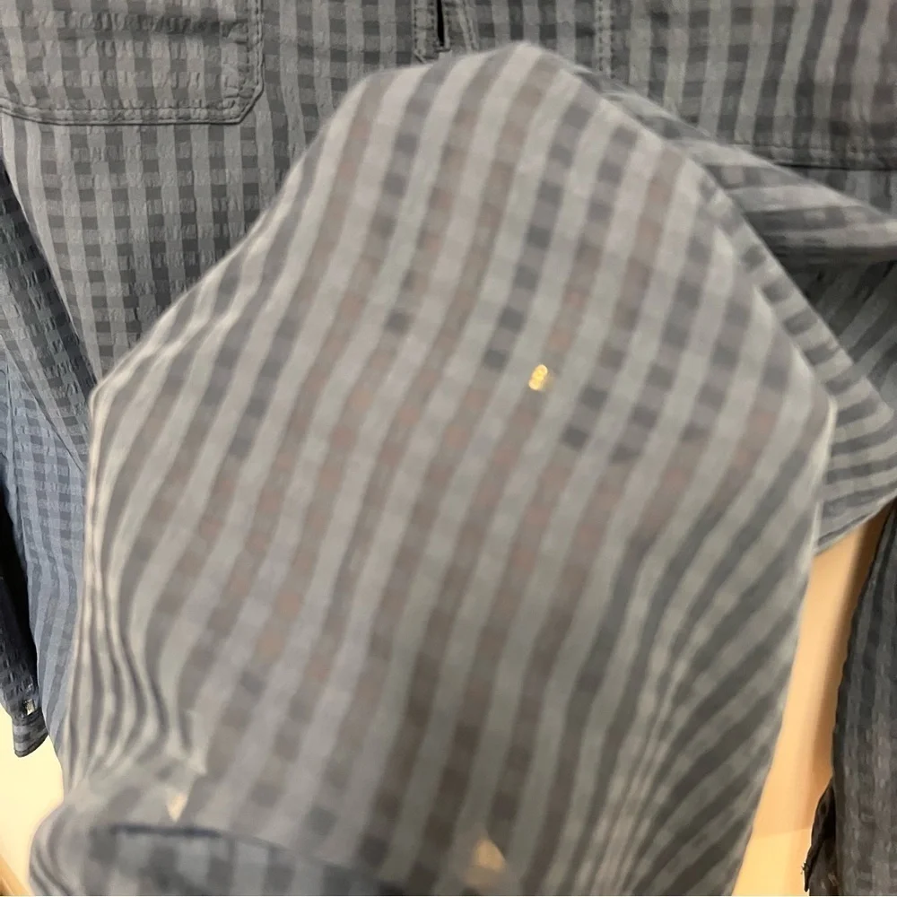Eddie Bauer semi-sheer blue patterned blouse with front buttons size large